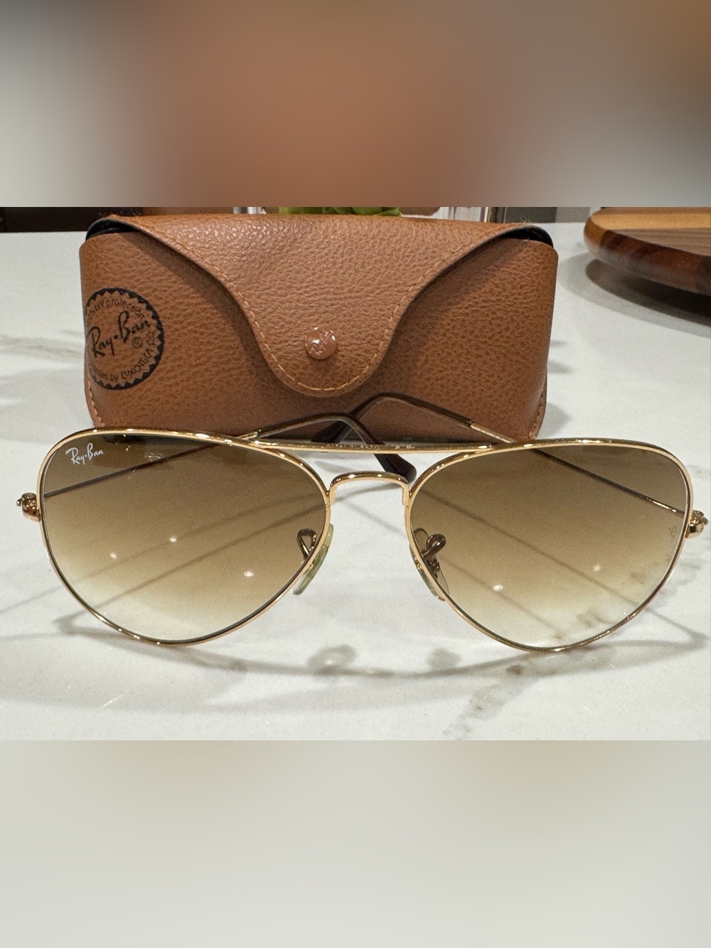 Ray-Ban Women’s Aviator Gold Frame Sunglasses with Brown Lenses